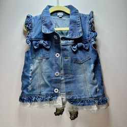 Yao Girls Denim Vest Peacock Sequin Patch Lace Trim Ruffle Blue Size 2-3T