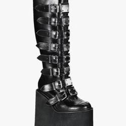 Womens Platform Punk Goth Mid Calf Boots Rivets Metal Decoration Back-Zip Knee High Motorcycle Boots Size 43/9.5 US