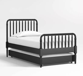 Jenny Lind Black Wood Spindle Kids Twin Bed with Trundle from Crate & Barrel + trundle mattress