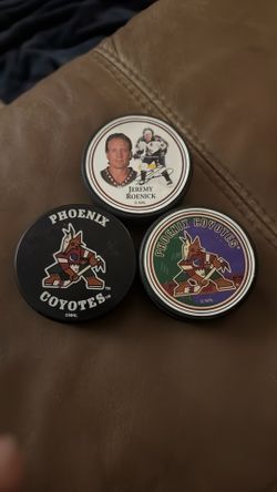 (3) PHX Coyotes Vintage Hockey Pucks Logo Of The Kachina Was The Team Logo From 1(contact info removed) When It Was Retired 