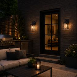 Set of 2 - Textured Black Outdoor E26 Motion Sensor / Dusk til Dawn Latern Sconce w/ Clear Glass Shade [Retails for $199]  [NEW]