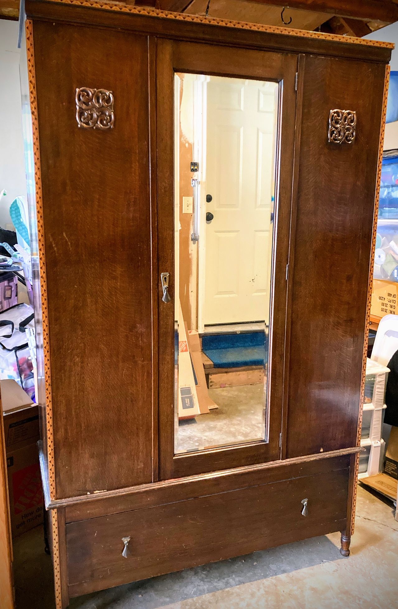 Antique Vintage Mirrored Armoire Wardrobe w Blanket Drawer