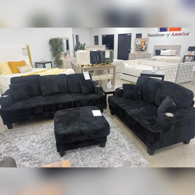 Black corduroy 2 piece sofa and loveseat set with ottoman