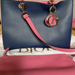 Dior Large Lady Dior Tote In Navy/ Pink/ Beige 