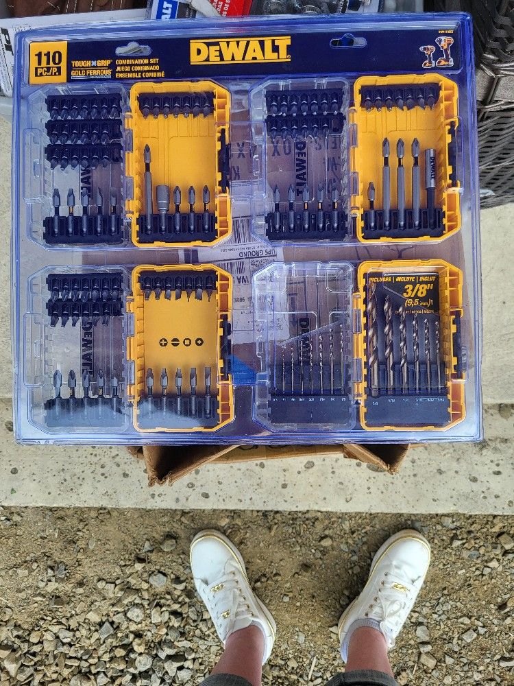 DEWALT 110-piece Tough Grip Combination Set, which includes a variety of screwdriver bits and drill bits