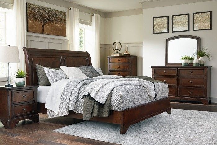 Rustic Brown 7Pc Dresser Mirror Chest Queen Sleigh Bed-2 Nightstands**