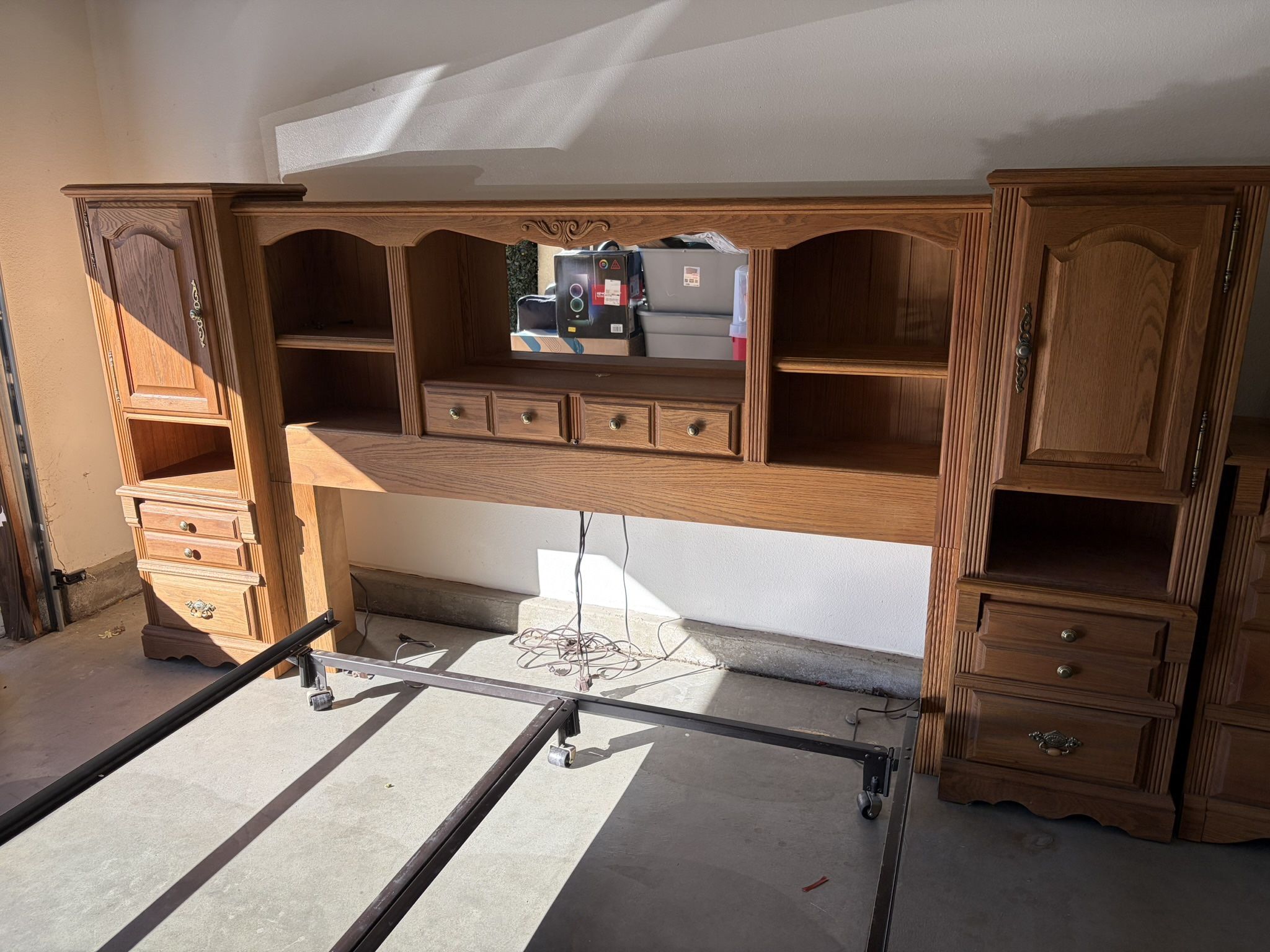 KING Dresser/ Headboard w/ metal Boxspring frame, Built In Lights, And Mirror
