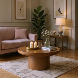 Brutoni 36" Round Solid Wood Coffee Table Sculpted Pedestal Base Modern Living Room Center Table