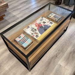 Coffee Table Glass Top Wood Storage 