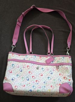 Coach Heritage Chelsea Pink Trim Logo Multi Color Leather Trim Diaper Duffle Big Tote Bag Rare Fine@