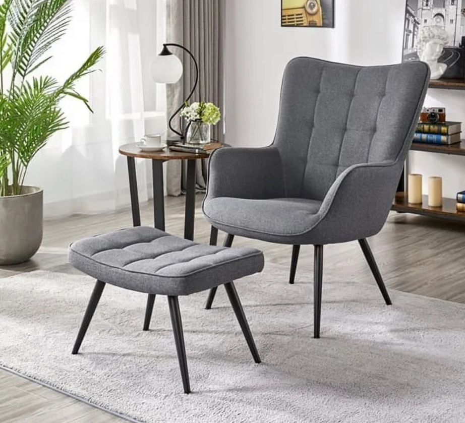 Alden Design Modern Fabric Accent Chair and Ottoman Set for Living Room, Gray