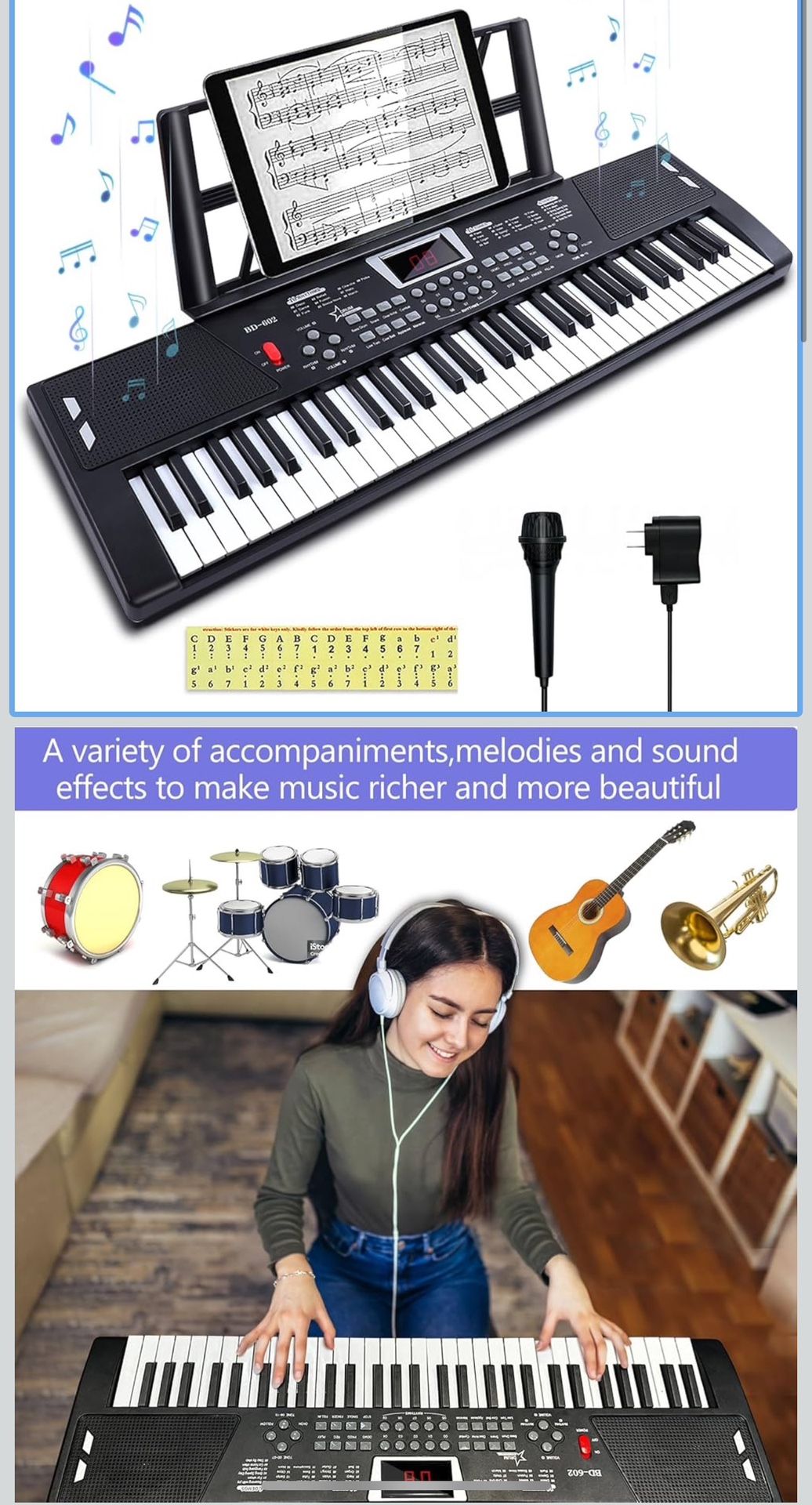 61 key keyboard piano,electric keyboard piano with Built-In Speaker Microphone, Sheet Music Stand and Power Supply, Portable Electronic Keyboard Piano