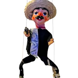 Vintage Mexican Marionette Gunslinger String Puppet Doll Folk Art 13"