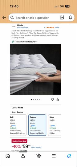 Brand new unopened package 3 inch memory foam mattress topper queen size