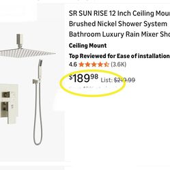 12 Inch Ceiling Mount Brushed Nickel Shower System Bathroom Luxury Rain Mixer Shower Combo Set Ceiling Rainfall Shower Head System Faucet Trim Repair