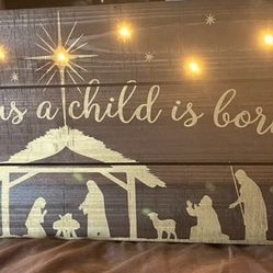 24W x 9H Wooded Nativity with lights. It can be hung or stand display 