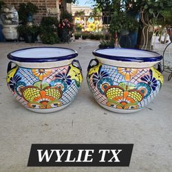 Talavera Blue Rim Clay Pots. Planters. Plants. Pottery $55 cada uno