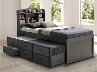 Brand New Grey Twin Size Bed w Trundle Bed + Drawers