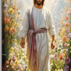 New 16x24in Framed Canvas Wall Art Christian Picture Jesus Walking Among Wildflowers Watercolor 
