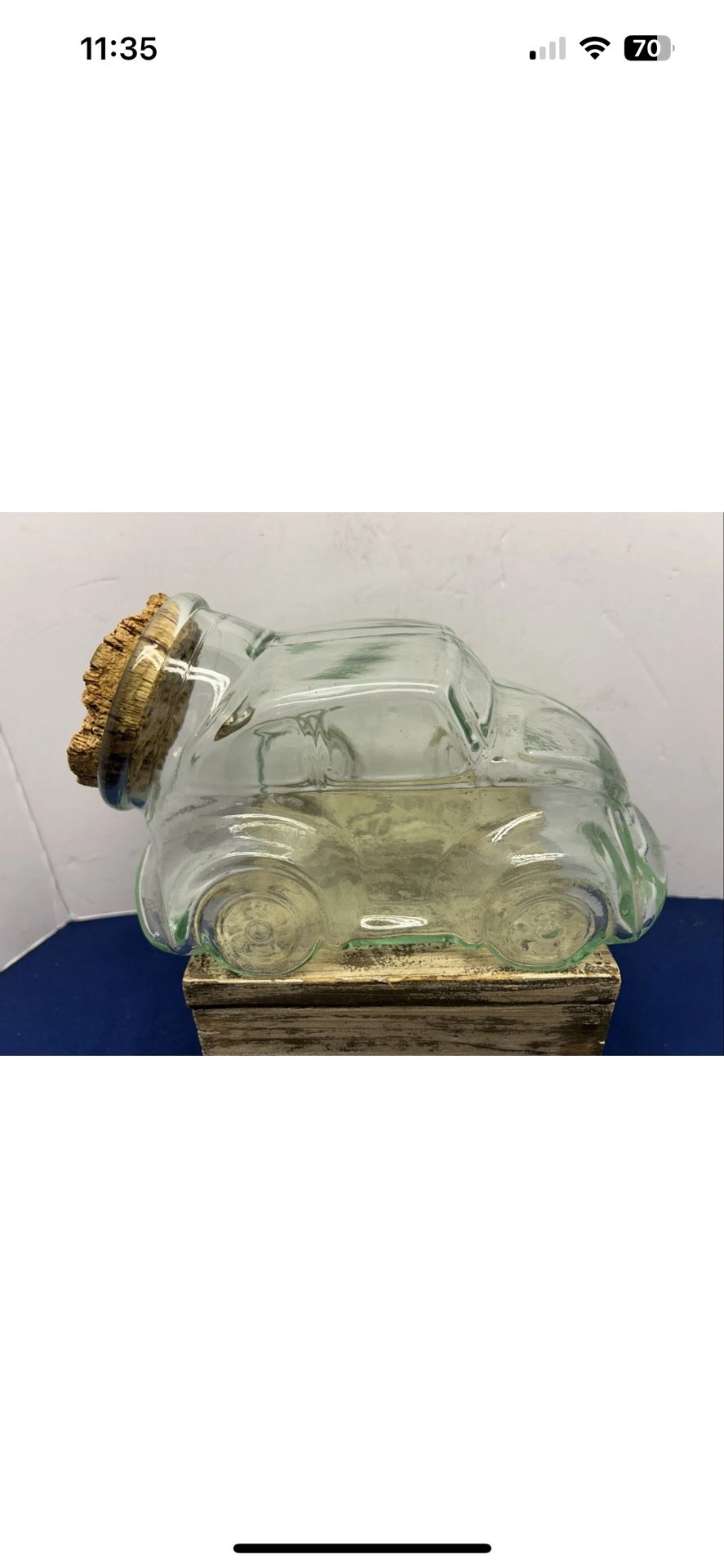 Vintage VW Beetle Car Canister Jar Greenish Glass with Cork Lid. Nice Used.