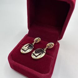 14K Gold Greek Key Oval Drop Earrings 