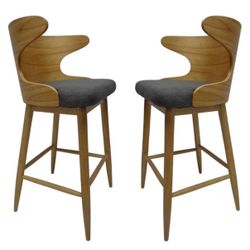 Kamryn Mid-Century Modern 30.25 in. Natural Wooden Bar Stools with Charcoal Fabric Seat Cushion (Set of 2)