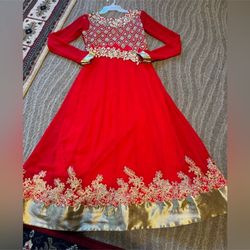 Women’s Desi Indian Pakistani Traditional Maxi Long Dress Anarkali Size Small Bright Red Gold Color