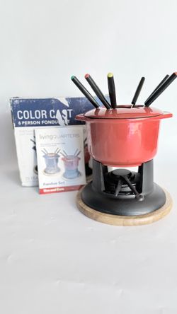 Red Cast Iron Fondue 6 piece serving set New Open Box