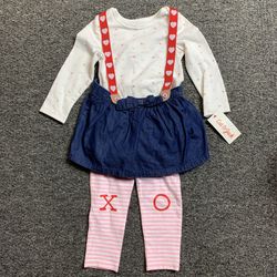 New Cat & Jack girls size 18 month 3 piece Valentine’s Day jumper denim skirt with suspenders, onesie and leggings outfit 