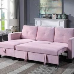 Pink Velvet Pemberly Row Sleeper Couch With Chaise Storage
