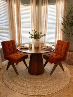 New Mid Century Modern Dining Set – Round Wood Table + 2 Upholstered Chairs (Rust Orange)
