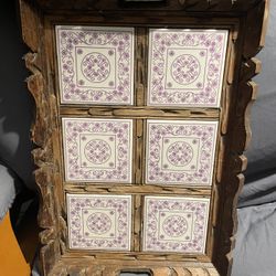  Beautiful vintage hand-carved Mexican folk art serving tray featuring decorative beautiful tile 