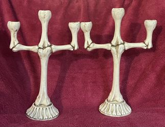 Halloween 14” Tall Cold Cast Ceramic Bones Candelabra Candle Holder Set Of 2! NEW!