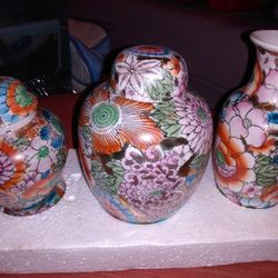 (3) Vases w/Flower Designs