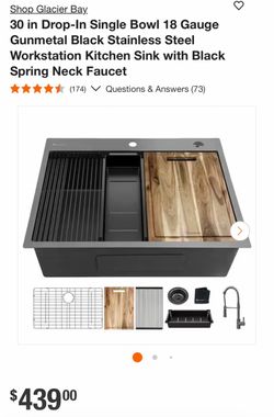 Shop Glacier Bay. 30 in Drop-In Single Bowl 18 Gauge Gunmetal Black Stainless Steel Workstation Kitchen Sink with Black Spring Neck Faucet
