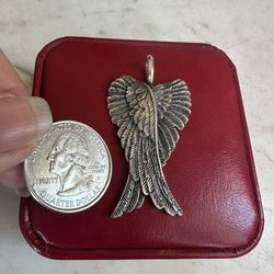 Large, 925 Sterling silver vintage angel wings pendant, marked 925, large attached bale ,