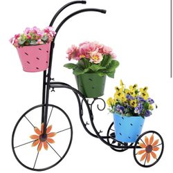 LEWIS&WAYNE Metal Tricycle Planter, 3 Tier Floral Flower Plant Stand Holder Hand Painted Outdoor Garden Patio Decor