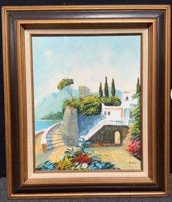 Framed oil painting Mediterranean Seascape scene 24“ x 28“ high