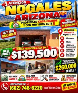 ...YA VISTE? 🔥 TUCSON - NOGALES - RIO RICO 💯
🔥🏡 ¡LISTA DE CASAS EN TODO ARIZONA! 🏡🔥

💲 ¿BUSCAS CASA A BUEN PRECIO O UNA OPORTUNIDAD PARA INVERT