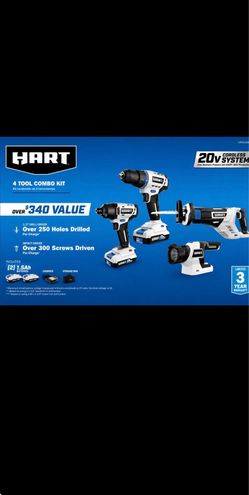 New in box Hart 20V Cordless 4-Tool Combo Kit (2) 1.5Ah Lithium-Ion Batteries & Charger