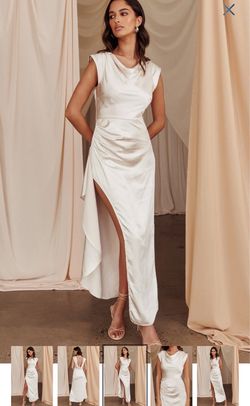 Elegant champagne satin maxi dress from Selfie Leslie, Medium New with Tags,