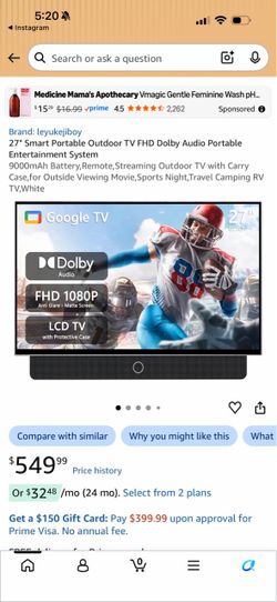 27" Smart Portable Outdoor TV FHD Dolby Audio Portable Entertainment System 9000mAh Battery,Remote,Streaming Outdoor TV with Carry Case,for Outside Vi