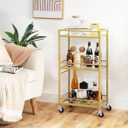Bar Cart for The Home, 3-Tier Drink Cart on Wheels, Home Bar Serving Cart, Mini Bar Cart for Small Space, Kitchen, Dining Room, Gold RCJ40B01
