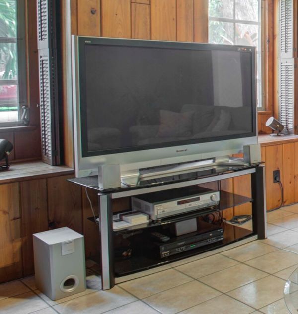 TV Stand (glass) with Panasonic 50” plasma TV and Panasonic sound