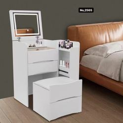 24.5” Makeup Desk with Mirror and Extra Cabinet for Bedroom Flip Top Mirror with Light and 3 Drawers Top with 6 Compartments Storage,White