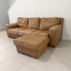 Genuine Leather Couch - Warm Cognac Couch - Matching Ottoman - Comfortable & Clean