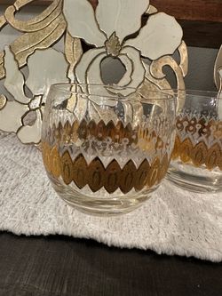 Vintage Mid-Century Modern Gold & White Atomic Lowball Glasses – Set of 4