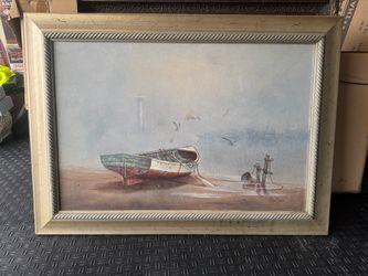 Framed Coastal Boat Oil Painting Signed