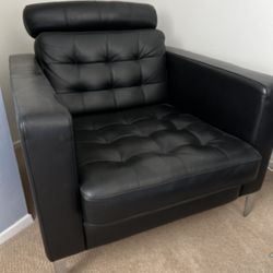IKEA Black Leather Chair + Ottoman