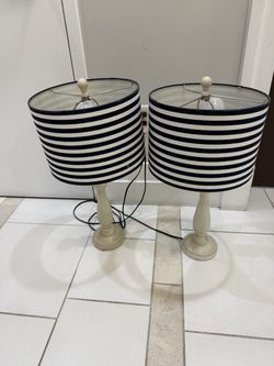 Pair of Table Lamps with Black and White Striped Drum Shades